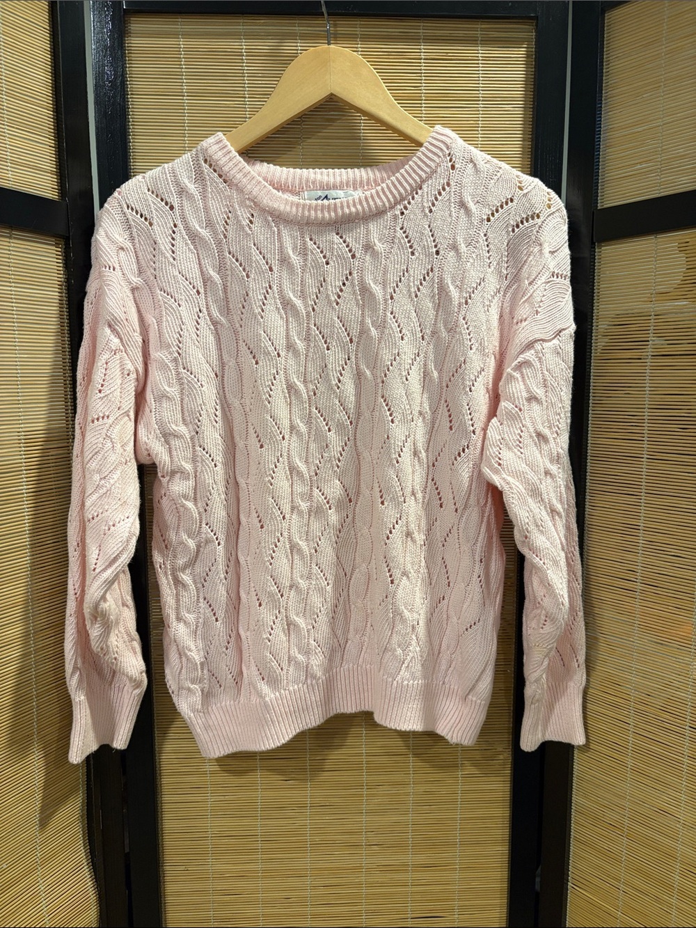 Cable-Stitch Crewneck Sweater in Soft Pink